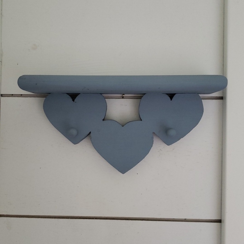 Vintage 80s 90s Handmade Rustic Wooden Heart Wall Peg Shelf Country Blue Painted